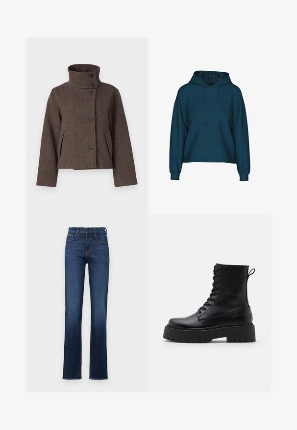 Object OBJRIKI SHORT JACKET - Kerge jope - morel; Türkiis pulloveri kapuutsiga, pika varrukaga ja soonikkoes. Valmistatud pehmest kangast ja laiemast lõikest.; Tumed sinine denimist teksad, mis on istuva talje, sirge jala disainiga, viie tasku stiilis ja peene õmbluse detailiga. Klassikaline nööpidega sulgur.; Mustad mustad nahast pahkluu saapad ümarate varvastega, nööridega esiosas ja paksu kummist talla ning tekstuuritud mustriga. Tagumine tõmbeaas.