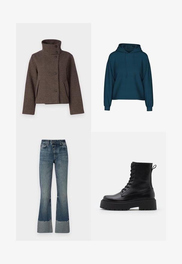 Object OBJRIKI SHORT JACKET - Viegla jaka - morel; Tirkīza krāsas pulovers ar kapuci, garām piedurknēm un ribotām aprocēm. Izgatavots no mīkstas auduma ar brīvu piegriezumu.; Denim flared bikses vidējā zilā krāsā ar augstu jostasvietu, piecām pogām un saplīsušu apakšmalu. Rūpīgi veidots, lai apakšā būtu gaišāka aproce un nodiluma faktūra.; Melni ādas potītēm zābaki ar apļveida purngalu, auklām priekšpusē un biezu gumijas zoli ar teksturētu protektoru. Velkšanas cilpa aizmugurē.