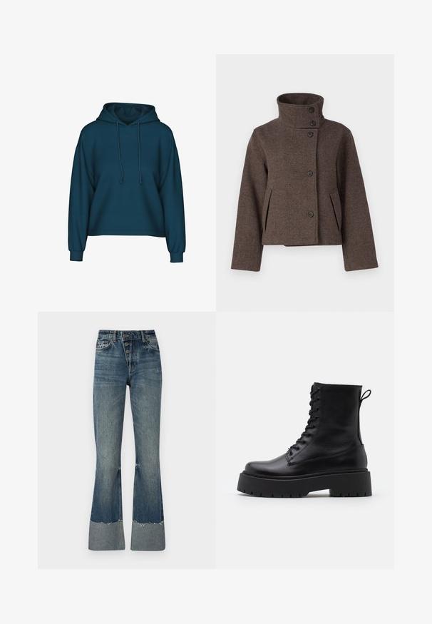 Object OBJRIKI SHORT JACKET - Lengva striukė - morel; Melsvos spalvos puloveris su kapuciomis, ilgomis rankovėmis ir raukšlėtomis rankogaliais. Pagamintas iš minkštos medžiagos su laisvu siluetu.; Tamsaus mėlynumo džinsiniai platėjančių kojų džinsai su aukštu liemeniu, penkiais mygtukais ir nusidėvėjusia apdaila. Apatinėje dalyje turi šviesesnę apyrankę ir nublukusį tekstūrą.; Juodos odinės aulinukės su apvalia nosimi, raišteliais priekyje ir storesniu guminio pado apačioje su tekstūruotu raštu. Priekyje yra kilputė.