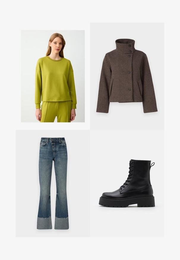 Object OBJRIKI SHORT JACKET - Jas - morel; Limegroene sweatshirt van zachte stof met een ronde halslijn, ribbelaccent op de kraag en een relaxte pasvorm. Gecombineerd met bijpassende sweatpants.; Denim flared jeans in medium blauw met een hoge taille, vijf knopen en een geschuurd zoom. Beschikt over een lichtere boorden aan de onderkant en een vervaagde textuur.; Zwarte leren enkelboots met een ronde neus, vetersluiting aan de voorkant en een dikke rubberen zool met een gestructureerd profiel. Trekbandje aan de achterkant.