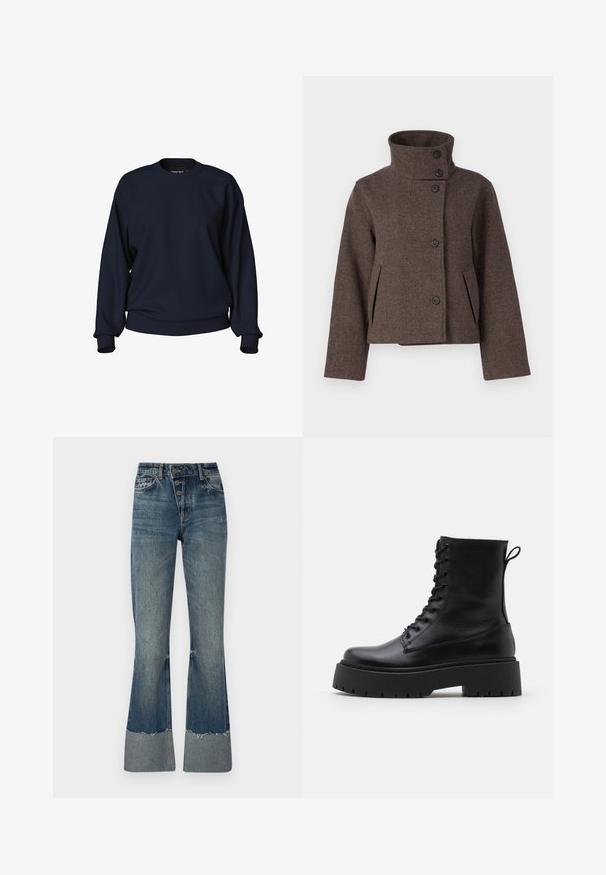 Object OBJRIKI SHORT JACKET - Light jacket - morel; Navy blue sweatshirt with a crew neck, long sleeves, ribbed cuffs, and waistband. Smooth texture with no visible patterns or hardware.; Denim flared jeans in medium blue with a high waist, five buttons, and frayed hem. Features a lighter cuff at the bottom and faded texture.; Black leather ankle boots with a round toe, lace-up front, and a thick rubber sole featuring a textured tread. Pull tab at the back.