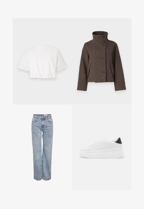 Object OBJRIKI SHORT JACKET - Lengva striukė - morel; Balta trumpa marškinėlių versija su trumpomis pūstomis rankovėmis, apvali iškirptė ir susiraukšlėjęs apatinis kraštas, pagaminta iš švelnios medvilnės medžiagos.; Šviesiai mėlyni plačios kojų džinsai, pagaminti iš džinsinio audinio, pasižymintys aukštu liemeniu, penkių kišenių dizainu ir subtiliu blukimu, kad atrodytų jau dėvėti.; Balti platforminiai sportbačiai, pagaminti iš lygios sintetinio audinio, su apvaliu pirštu, raištelių užsegimu ir tekstūruota guma padanga. Juodas kulno akcentas.