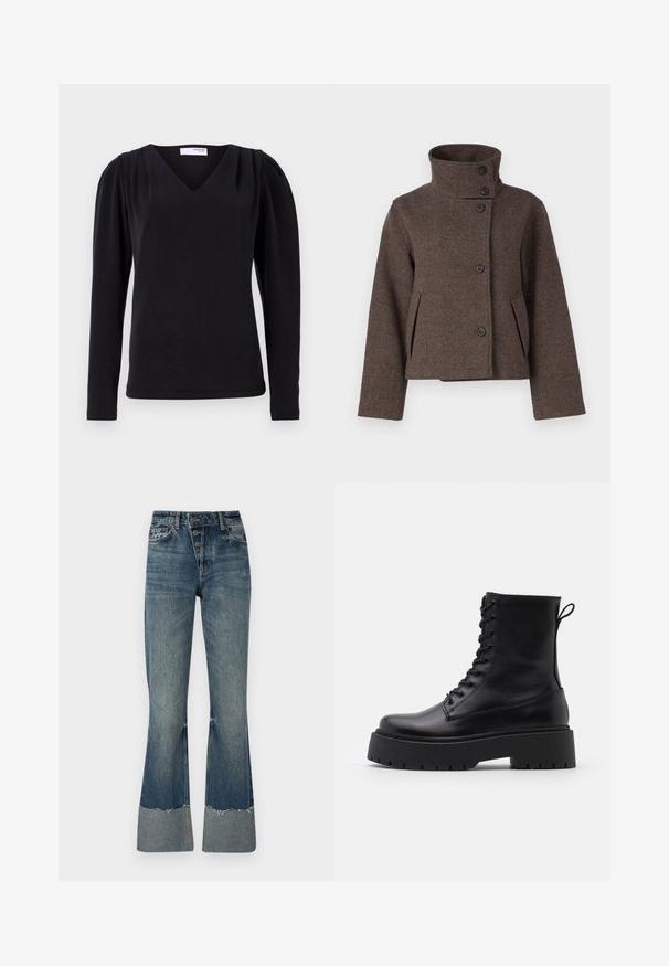 Object OBJRIKI SHORT JACKET - Lahka jakna - morel; Črn dolg rokav s črto oblikovano V-izrezom, z gubanimi podrobnostmi na ramenih in ozkim krojem. Izdelan iz mehke, strukturirane tkanine.; Jeans iz denima s širšimi hlačnicami v srednje modri barvi, z visokim pasom, petimi gumbi in strganim robom. Imajo lažji manšeti na dnu in zbledel videz.; Črne usnjene gležnjarje z okroglo konico, vezalnim sprednjim delom in debelim gumijastim podplatom z teksturiranim profilom. Zanka na hrbtni strani.