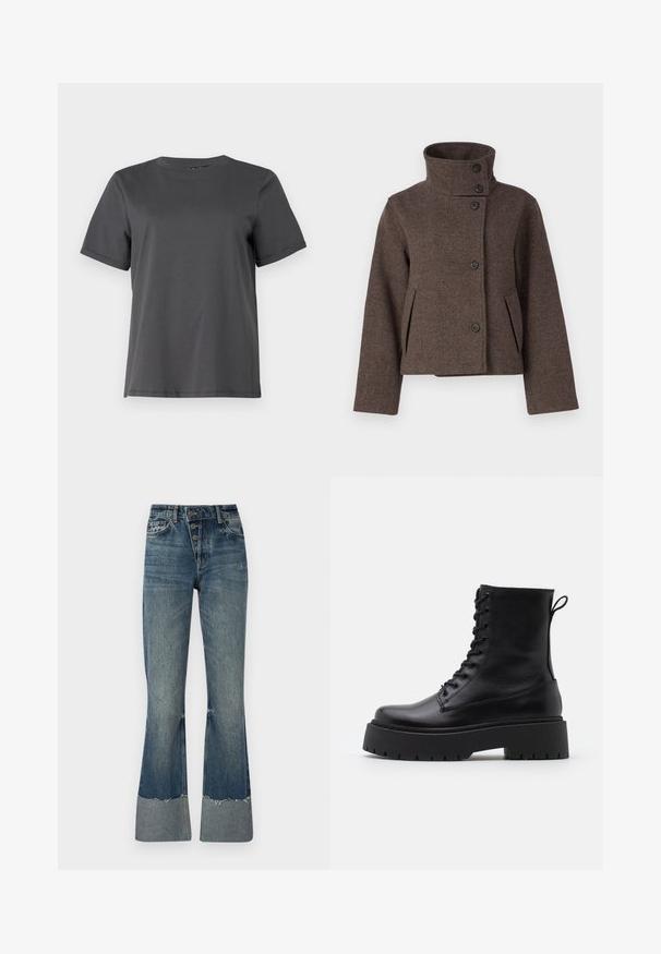 Object OBJRIKI SHORT JACKET - Välikausitakki - morel; Pieces PCRIA FOLD UP SOLID TEE - T-paita - magnet; Farkut lahkeet sinisessä keskikokoisessa sävyssä, korkealla vyötäröllä, viidellä napilla ja risareunalla. Laitassa on vaaleampi lahje ja kulunut tekstuuri.; Musta nahkainen nilkkureita, joissa on pyöreä kärki, nauhakiinnitys edessä ja paksu kumipohja, jossa on teksturoitu pinta. Takana vetotappi.