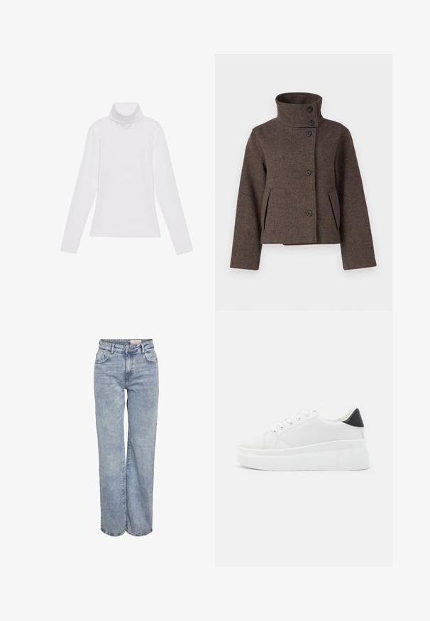 Object OBJRIKI SHORT JACKET - Allvädersjacka - morel; Vit långärmad polotröja gjord av ett smidigt, stretchigt material. Har en hög krage och åtsittande design, utan synliga mönster eller dekorationer.; Ljusblå vida jeans i denim med hög midja, femficksdesign och subtila blekningar för en använd look.; Vita plattformssneakers gjorda av slät syntetiskt material, med rund tå, snörningsdesign och en texturerad gummisula. Svart hälaccent.