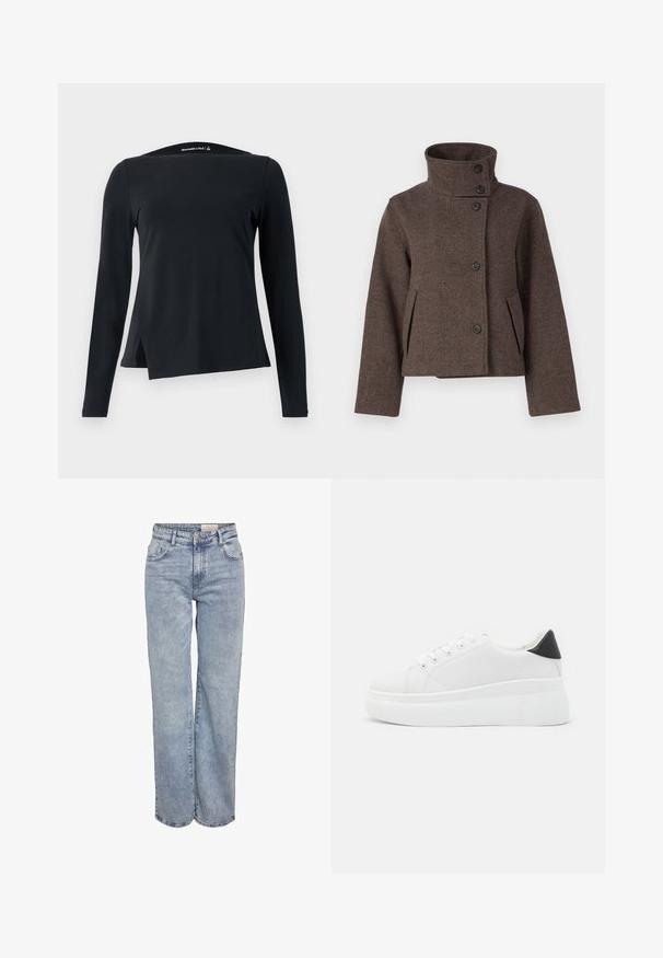 Object OBJRIKI SHORT JACKET - Übergangsjacke - morel; Schwarzes Langarmoberteil aus glattem Stoff, mit hohem Kragen und asymmetrischem Saum mit seitlichen Schlitzen für ein modernes Design.; Hellblau weite Jeans aus Denim, mit hoher Taille, fünf Taschen-Design und subtilen Ausbleichungen für einen eingesessenen Look.; Weiße Plateausneaker aus glattem Kunstmaterial, mit runder Zehenform, Schnürdesign und einer strukturierten Gummisohle. Schwarzer Fersenakzent.