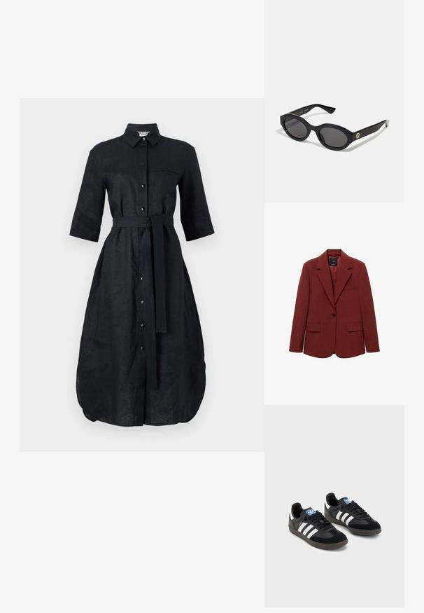 Blazer rosso strutturato, chiusura con un solo bottone, rever a punta, due tasche frontali, tessuto intrecciato testurizzato e dettaglio con taschino.; Abito camicia in lino nero con maniche corte, design con bottoni, tasca frontale e cintura in tessuto coordinato. Spacco al centro dell'orlo.; Sneakers neri con tomaia in suede e materiale sintetico, caratterizzati da tre strisce bianche, suola in gomma testurizzata e etichetta blu sul linguetta.; Occhiali da sole neri a forma ovale con lenti scure e montatura in plastica lucida. Presentano un logo dorato sulla stanghetta, offrendo un design elegante e moderno.
