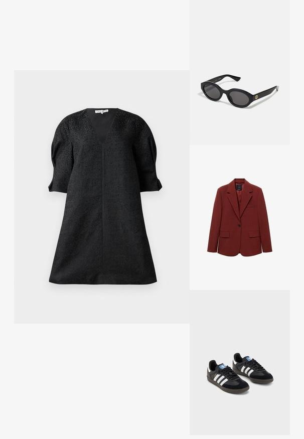 Czerwona strukturalna marynarka, zapięcie na jeden guzik, klapy z wycięciem, dwie przednie kieszenie, teksturowana tkanina oraz detal kieszonki na piersi.; Czarna sukienka z dekoltem w kształcie litery V, krótkimi bufkami i teksturowanym materiałem z małymi zdobieniami dla podkreślenia detali.; Czarne sneakersy z zamszową i syntetyczną cholewką, wyposażone w trzy białe paski, teksturowaną gumową podeszwę oraz niebieską metkę z logo na języku.; Czarne okulary przeciwsłoneczne w owalnym kształcie z ciemnymi szkłami i błyszczącą plastikową oprawką. Posiadają złote logo na zausznniku, co nadaje im elegancki i nowoczesny wygląd.