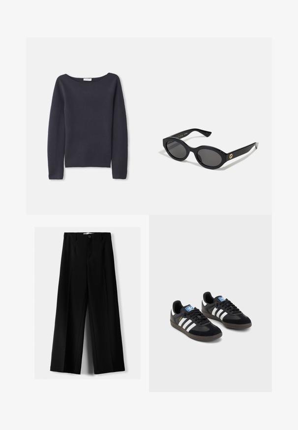 Rde strukturalni blazer, enojno zapiranje s gumbom, odrezane reverje, dve sprednji žepki, teksturirana tkana tkanina in podrobnost žepa na prsih.; Mornarsko pulover z dolgimi rokavi, širokim izrezom, mehkega otipa in sproščenega kroja. Ima minimalne šive in nobenih vidnih zaponk.; Črne široke hlače iz lahkega materiala, z zapiranjem na gumb spredaj in ravnim sprednjim delom, s skrbno zašiti robovi.; Črne športne copate z zgornjim delom iz semiša in sintetičnih materialov, ki imajo tri bele črte, teksturiran gumijast podplat in modro označevalno oznako na jeziku.; Črne ovalne sončna očala s temnimi lečami in sijočim plastičnim okvirjem. Imajo zlat logo na robu, kar ponuja eleganten in sodoben oblikovalski pristop.