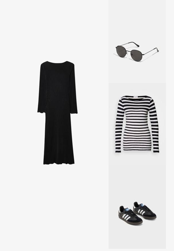 Roter strukturierter Blazer, Ein-Knopf-Verschluss, Reverskragen, zwei Fronttaschen, strukturiertes gewebtes Material und eine Brusttasche.; Langärmliges T-Shirt mit schwarz-weißen Streifen und weitem Ausschnitt. Hergestellt aus weichem Material, mit gleichmäßigen horizontalen Streifen.; Schwarzes, geripptes Langarmkleid mit taillierter Passform, ausgestelltem Saum und gewellten Ärmelsäumen. Es hat einen runden Ausschnitt und eine glatte Textur.; Schwarze Sneaker mit einem Obermaterial aus Wildleder und Synthetik, ausgestattet mit drei weißen Streifen, einer strukturierten Gummi-Sohle und einem blauen Logo-Tag auf der Zunge.; Runde Sonnenbrillen mit einem dünnen schwarzen Metallrahmen, dunklen Gläsern und verstellbaren Nasenpolstern. Die Bügel verfügen über ein dezentes Markenzeichen.