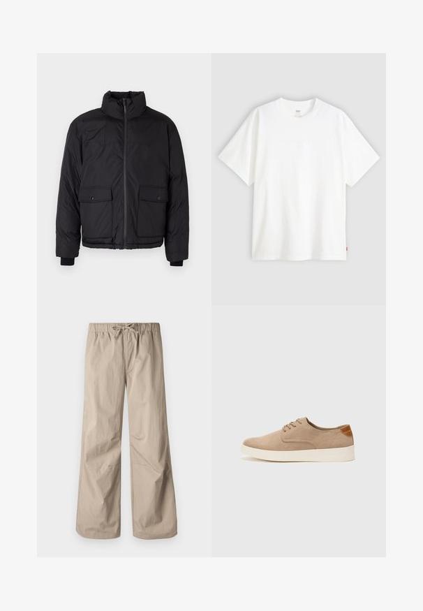 Zwarte pufferjas met een staande kraag, ritssluiting aan de voorkant en twee voorklepzakken. Beschikt over structuurstof en elastische manchetten.; Witte pique t-shirt met korte mouwen van katoen en een ronde hals. Heeft een subtiele reliëf logo-detail aan de voorkant en een rood label aan de zoom.; Beige wijde broek met een elastische tailleband en trekkoord. Gladde textuur, twee zijzakken en minimale naden voor een relaxte pasvorm.; Beige suède sneakers met een ronde neus, vetersluiting aan de voorkant en een getextureerde achteraccent. De witte rubberen zool zorgt voor contrast. Eenvoudig en modern ontwerp.