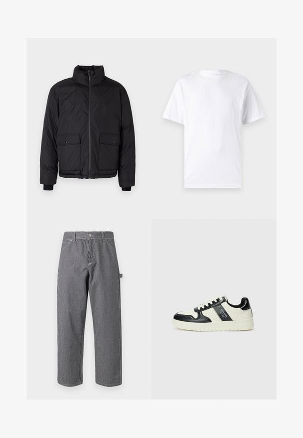 Črna pufasta jakna z ovratnikom, sprednjim zadrgo in dvema sprednjima žepoma s poklopcem. Ima teksturirano tkanino in elastične manšete.; Bela majica s kratkimi rokavi iz bombaža z okroglim izrezom, ki ima gladko teksturo in preprost dizajn brez vzorcev ali poudarkov.; Črtaste hlače iz mešanice bombaža, z vertikalnimi črnimi in belimi črtami, zapiranjem na gumb in obliko stranskih žepov.; Usnjeni športni čevlji z črno in krem barvno shemo, ki vključujejo perforirane dodatke, podložen ovratnik in strukturirano podplat.