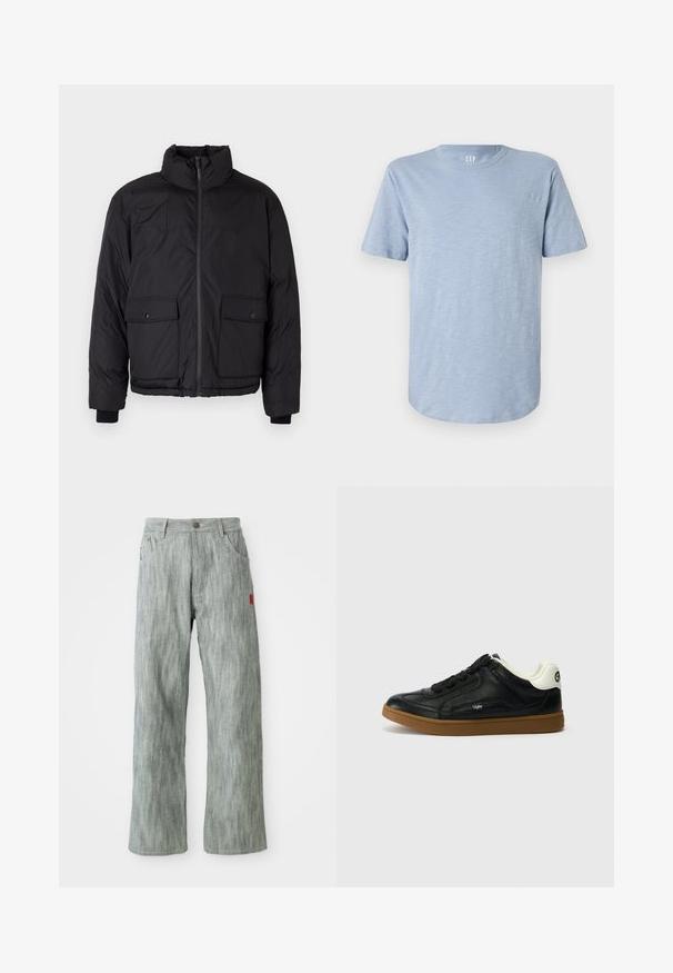 Must musta jakk, millel on seisva kaelusega, ees lukk ja kaks esimist taskut klappidega. Omab tekstuuri ja elastseid mansette.; Hele sinise lühikeste varrukatega T-särk, mis on valmistatud pehmest kangast, omadega ümmarguse kaeluse ja sirge servaga, millel on peen tekstuur.; Heledad hallikas sirge säärega teksapüksid, millel on ees ja taga taskud, nupuga sulgemine ning väike punane kangast silt paremal küljel.; Must musta tossud, millel on tekstureeritud pealmine osa, ümar ninasosa ja mustad paelad. Omab valget kanna aktsenti ja pruuni kummist tallat.