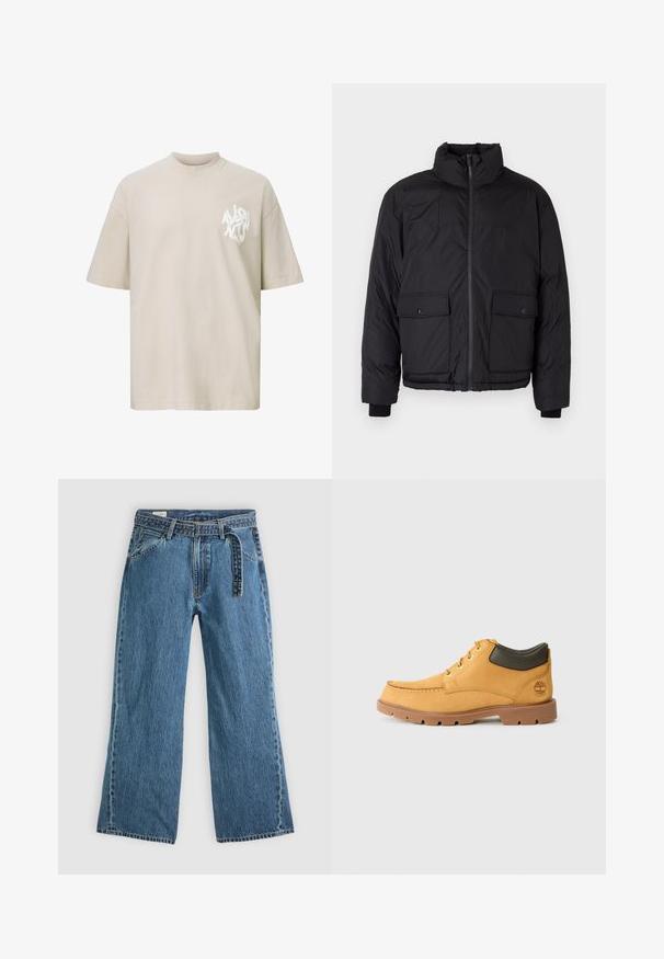 Must musta jakk, millel on seisva kaelusega, ees lukk ja kaks esimist taskut klappidega. Omab tekstuuri ja elastseid mansette.; Beige ülbig lühikeste varrukatega T-särk valge abstraktse tekstiga logo vasakul rinnaku kohal.; Sinine denimist laienevate jalgadega teksad, millel on kinnitatud vöö, ees taskud ja nähtav õmblemine helesinise tausta peal.; Kollane nahast king, millel on pruun kummitald, ümar varvas ja roheline nahast pahkluuri detail. Omab kuldseid silmuseid ja õmblusaktsente.