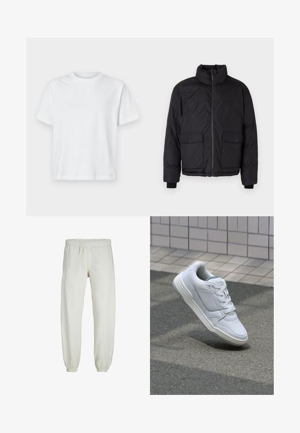Melna pūkādas jaka ar stāvo apkakli, priekšējo rāvējslēdzēju un divām priekšējām kabatām ar klapi. Raksturīga teksturēta auduma un elastīgas aproces.; Baltas kokvilnas T-krekls ar īsām piedurknēm, apaļu kakla izgriezumu un minimālistisku tekstu uz priekšpuses. Gluda tekstūra, brīva piegriezuma.; Baltas treniņbikses, izgatavotas no mīkstas auduma, ar elastīgu jostu un piedurknēm, gluda tekstūra un brīva piegriezuma dizains.; Baltas ādas sporta apavi ar perforētiem sāniem, teksturētām akcentiem, plakanu šņorēšanu un kontrastējošu pelēku papēdi. Iezīmē nedaudz paaugstinātu zole.