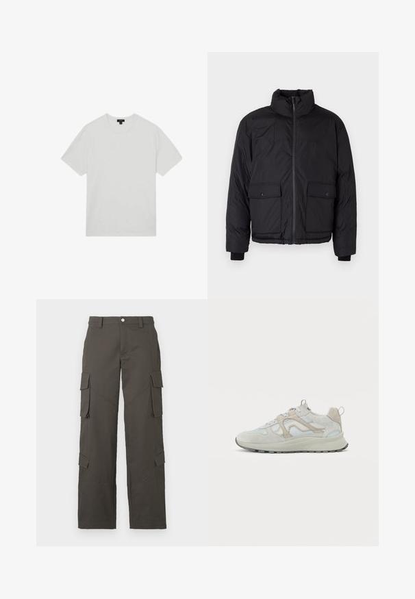 Schwarze Pufferjacke mit Stehkragen, vorderem Reißverschluss und zwei vorderen Klapptaschen. Enthält strukturierten Stoff und elastische Bündchen.; Weißes Baumwoll-T-Shirt mit Rundhalsausschnitt, kurzen Ärmeln und lockerer Passform. Glatte Textur, keine Muster oder Verzierungen.; Dunkelgraue gerade Cargo-Hosen mit Knopfverschluss und vier Klappentaschen, zwei an den Oberschenkeln und zwei nahe den Waden.; Grau und hellblaue Sportsneaker aus Wildleder und Mesh, mit einer strukturierten Sohle, kontrastierenden Akzenten und einer Zuglasche an der Ferse.