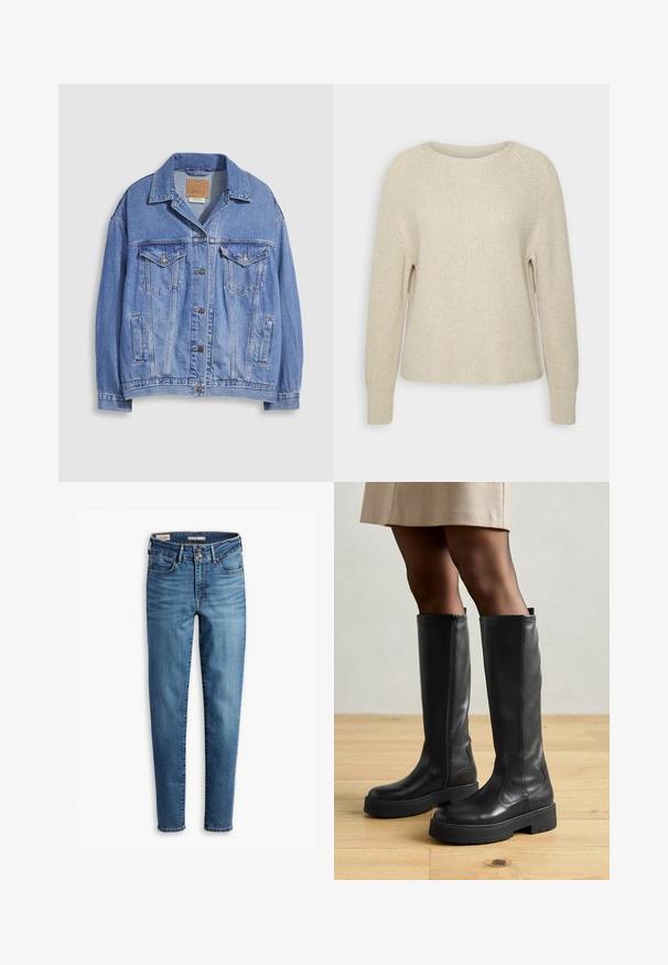 Gaiši zila džinsa jaka ar krekliņa apkakli, pogu aizdari, divām krūšu kabatām un sānu kabatām. Redzama nolietota tekstūra un zīmola etiķete.; Gaiši rozā adīts džemperis ar apaļu dekoltēju, raglāna piedurknēm un ribotām aprocēm. Tekstūra ir mīksta ar brīvu piegriezumu un minimālu apdari.; Augsti vidukļa skinny džinsi gaiši zilā denīmā. Iespējas: piecas kabatas, priekšējā pogu aizdare un klasiskās šuvju detaļas visā apģērbā.; Melnas ceļa augstumā zābaki no ādas ar gludu tekstūru, ar biezu gumijas zoli un sānu rāvējslēdzēju, lai viegli uzvilktu.