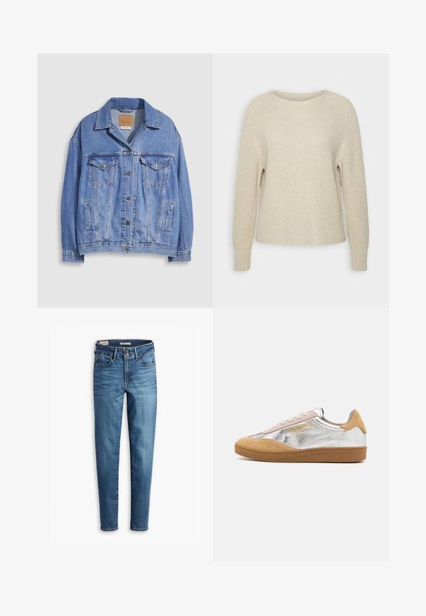 Jasnoniebieska kurtka dżinsowa z kołnierzem koszulowym, zapięciem na guziki, dwoma kieszeniami na piersi oraz kieszeniami po bokach. Widoczna postarzana faktura i oznakowana metka.; Jasnoróżowy sweter dzianinowy z okrągłym dekoltem, rękawami raglanowymi i prążkowanymi mankietami. Tekstura jest miękka, z luźnym krojem i minimalnymi detalami.; Dżinsy skinny z wysokim stanem w jasnoniebieskim deninie. Posiadają pięć kieszeni, zapięcie na guzik z przodu oraz klasyczne detale przeszycia.; Srebrno-beżowe sneakersy z zamszu z teksturowaną gumową podeszwą, beżowymi sznurówkami i logo nadrukowanym na żółto z boku.