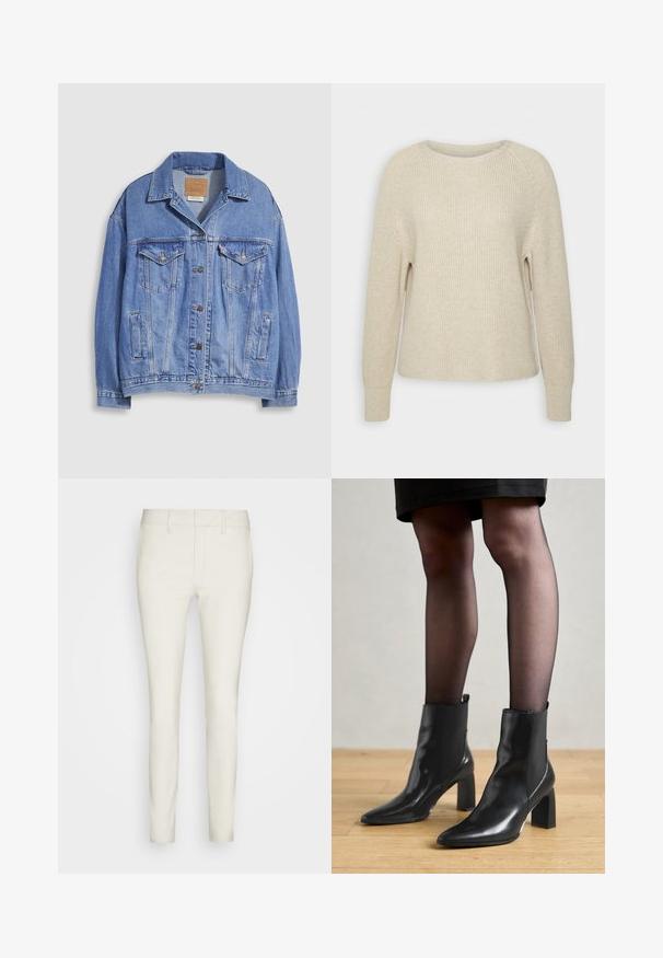 Hellblaue Jeansjacke mit Hemdkragen, Knopfleiste, zwei Brusttaschen und Seitentaschen. Verwaschene Textur und sichtbares Markenetikett.; Hellrosa Strickpullover mit rundem Ausschnitt, Raglanärmeln und gerippten Bündchen. Die Textur ist weich, der Schnitt locker und die Details sind minimal.; Helle, schmal geschnittene Hose aus glattem Stoff mit flatem Front, Standardtaschen und Gürtelschlaufen. Insgesamt elegantes und stromlinienförmiges Design.; Schwarze Leder-Ankle-Boots mit spitzer Zehenform, klobigem quadratischem Absatz und schlankem Design. Verfügt über elastische seitliche Einsätze für leichtes An- und Ausziehen.