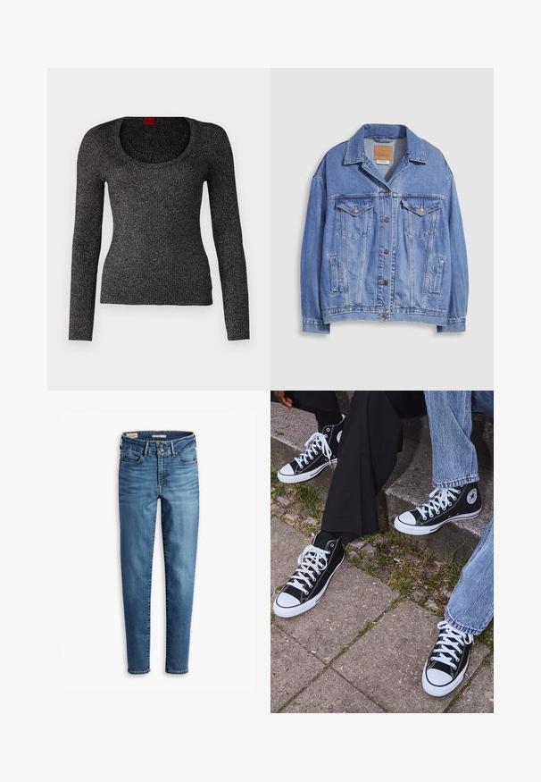Ljusblå jeansjacka med skjortkrage, knappstängning, två bröstfickor och sidofickor. Sliten textur och synlig märkesetikett.; Svart långärmad ribbad tröja med rundad halsringning. Glittrande textur, tillverkad av ett lätt material. Etikett synlig vid nacken.; Högmidjade, slim jeans i ljusblå denim. Innehåller fem fickor, knappstängning fram och klassiska sömnadsdetaljer hela vägen.; Svarta högtopps kanvasskor med vita gummisulor och snören, med en cirkulär logotyp på sidan och kombinerade med jeans och svarta byxor.