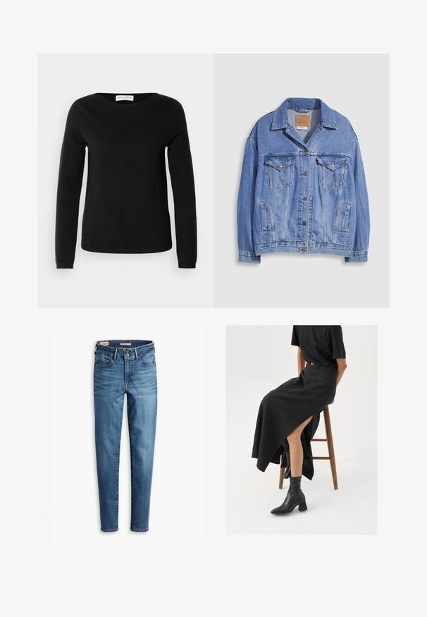 Light blue denim jacket with a shirt collar, button closure, two chest pockets, and side pockets. Distressed texture and branded label visible.; Marc O'Polo LONGSLEEVE ROUND NECK - Jumper - black; High-waisted, skinny jeans in light blue denim. Features five pockets, front button closure, and classic stitching detail throughout.; Black linen maxi skirt with a high slit, worn with a black t-shirt and black ankle boots. Minimalistic design with a relaxed fit.