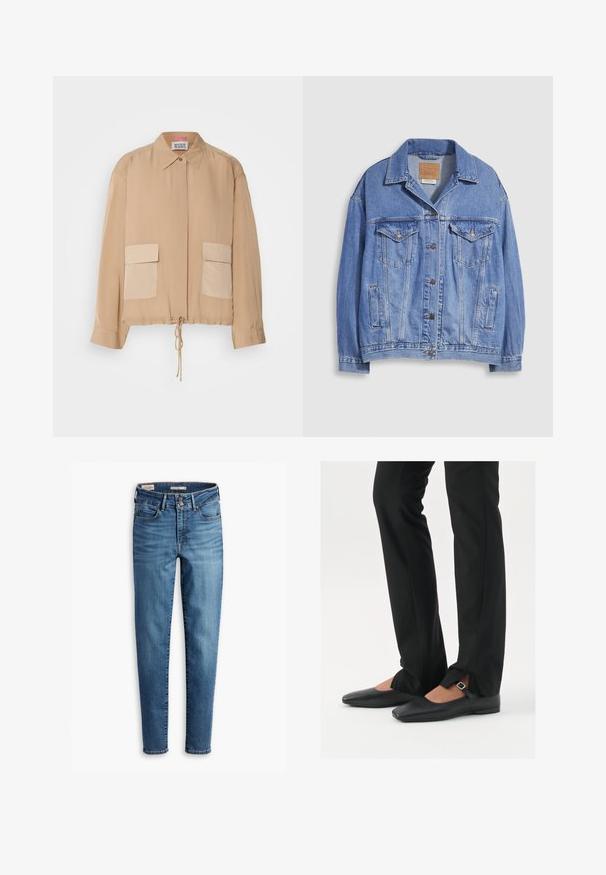 Hellblaue Jeansjacke mit Hemdkragen, Knopfleiste, zwei Brusttaschen und Seitentaschen. Verwaschene Textur und sichtbares Markenetikett.; Beige leichte Jacke mit langen Ärmeln, Kragen, Kordelzugsaum und zwei vorderen aufgesetzten Taschen in einem etwas dunkleren Farbton. Glatte Textur.; Hochtaillierte, schmale Jeans aus hellblauem Denim. Verfügt über fünf Taschen, einen vorderen Knopfverschluss und klassische Nähdetails.; Schwarze Leder-Ballerinas mit spitzer Zehenpartie, Riemchen mit silberner Schnalle, kombiniert mit schwarzen taillierten Hosen mit Schlitzsaum.