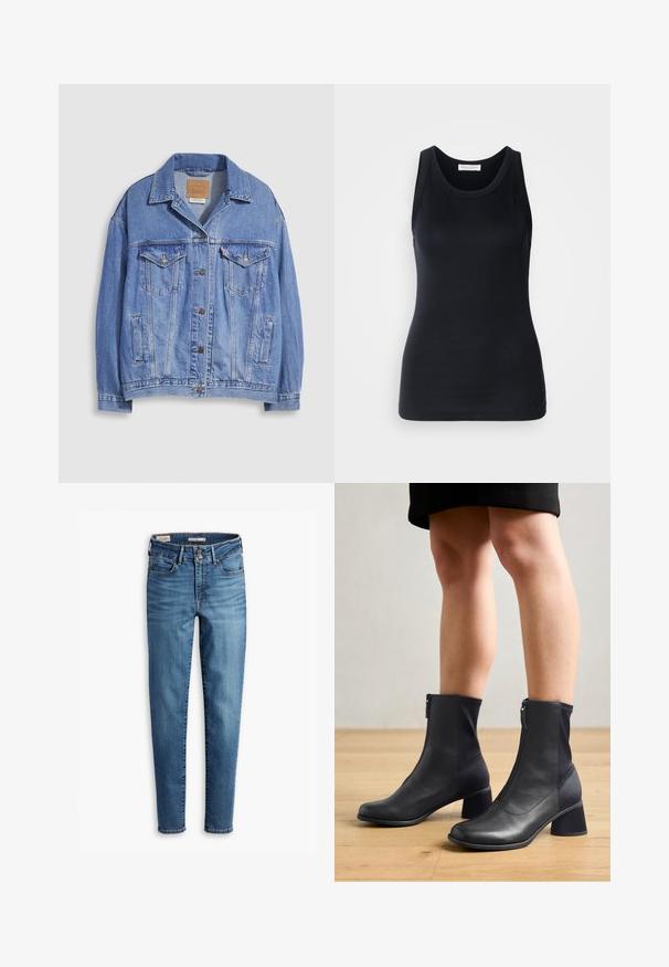 Ljusblå jeansjacka med skjortkrage, knappstängning, två bröstfickor och sidofickor. Sliten textur och synlig märkesetikett.; Svart linne i mjukt, stretchigt material. Har rund halsringning och breda axelremmar, med en figurnära silhuett och slät yta.; Högmidjade, slim jeans i ljusblå denim. Innehåller fem fickor, knappstängning fram och klassiska sömnadsdetaljer hela vägen.; Svarta anklar stövlar med en design av blandade material som har slät läder och elastisk tyg, en fyrkantig tå och en klack i medelhöjd.