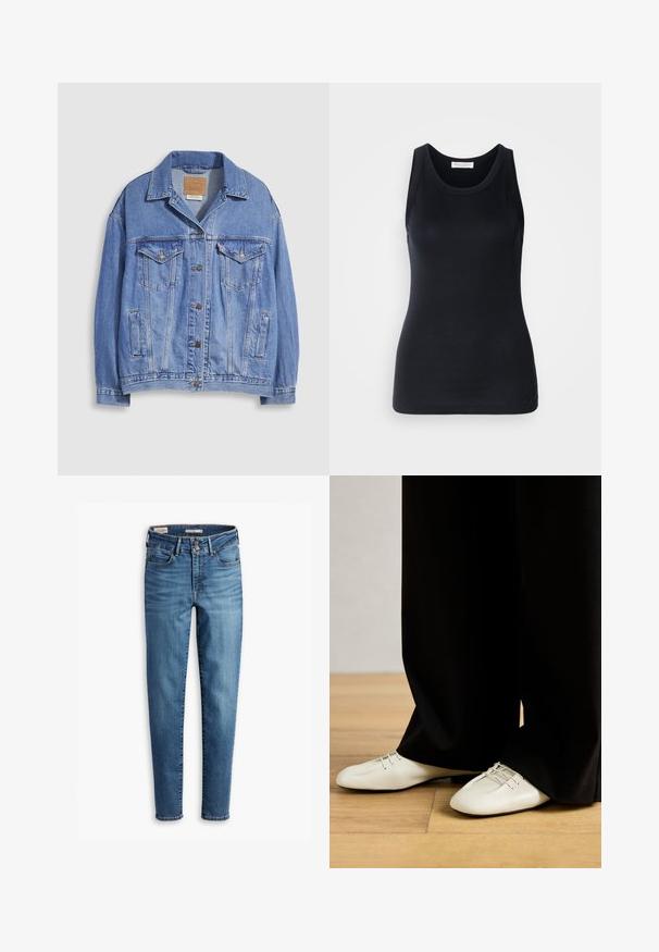 Giacca in denim azzurro chiaro con collo a camicia, chiusura con bottoni, due tasche sul petto e tasche laterali. Texture consumata e etichetta con marchio visibile.; Top nero senza maniche realizzato in un tessuto morbido e elasticizzato. Caratterizzato da un collo rotondo e spalline larghe, con una vestibilità aderente e una superficie liscia.; Jeans skinny a vita alta in denim azzurro chiaro. Presentano cinque tasche, chiusura con bottone frontale e un classico dettaglio di cucitura in tutta la superficie.; Scarpe in pelle beige con punta arrotondata e lacci decorativi, abbinate a pantaloni neri larghi, su un pavimento in legno.