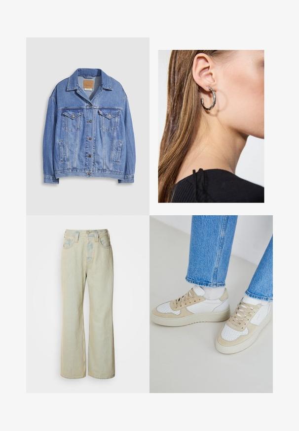 Hellblaue Jeansjacke mit Hemdkragen, Knopfleiste, zwei Brusttaschen und Seitentaschen. Verwaschene Textur und sichtbares Markenetikett.; Schwarzes Tanktop aus weichem, dehnbarem Stoff. Mit Rundhalsausschnitt und breiten Trägern, tailliert geschnitten und mit glatter Oberfläche.; Hellblaue Schlagjeans aus Denim mit hoher Taille, fünf Taschen und subtilen Ausbleichungen sowie kontrastierenden Nähakzenten.; Weiße und beige Sneaker mit perforierten Details, einem glatten Lederobermaterial und einer dicken Gummisohle. Kombination mit hellblauen Jeans.; Silberne Creolen mit polierter Oberfläche, die kleine goldene Akzentdetails und eine runde Form aufweisen, am Ohrläppchen getragen.