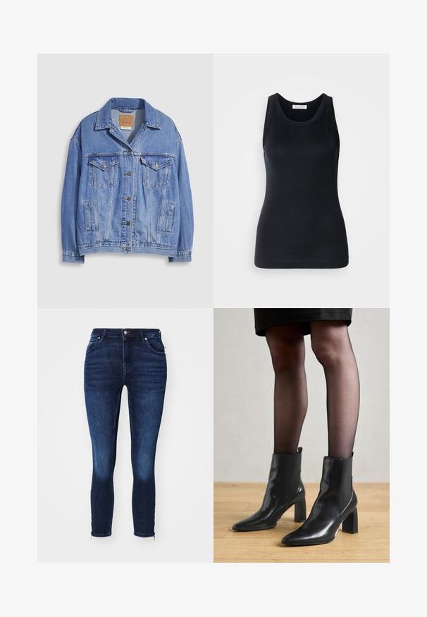 Világoskék farmerdzseki inggallérral, gombos záródással, két mellzsebbel és oldalzsebekkel. Kopott hatású felület és látható márkajelzés.; Fekete ujjatlan felső, puha, rugalmas anyagból készült. Kerek nyakkivágással és széles vállpántokkal rendelkezik, testhezálló szabású és sima textúrájú.; Sötétkék, skinny farmernadrág sima felülettel, világosabb elhalványulással a combokon és cipzáras díszítéssel a szegélyen. Denim anyagból készült.; Fekete bőr bokacsizma, hegyes orral, vastag négyzetes sarkal és letisztult dizájnnal. Az egyszerű felvételt segítő elasztikus oldalsó panelek jellemzik.