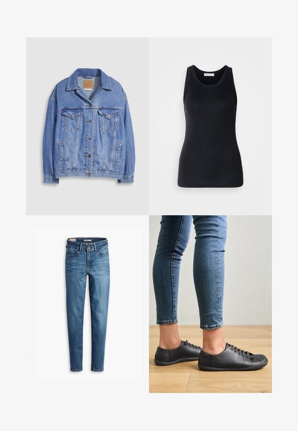 Jachetă din denim albastru deschis cu guler cămașă, închidere cu nasturi, două buzunare la piept și buzunare laterale. Textură uzată și etichetă de marcă vizibilă.; Top negru fără mâneci, fabricat dintr-un material moale și elastic. Are un decolteu rotund și bretele late, cu o siluetă ajustată și o textură fină.; Jeans skinny cu talie înaltă din denim de culoare albastră deschisă. Prezintă cinci buzunare, închidere frontală cu nasture și detalii clasice de cusătură pe tot parcursul.; Pantofi din piele neagră, cu vârf rotunjit, profil jos și sistem de șireturi. Asortați cu blugi albaștri, ajustați, pe un fundal din parchet.