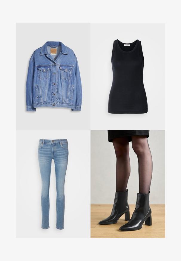Lyseblå denimjakke med skjortekrage, knappestengning, to brystlommer og sidelommer. Slitt tekstur og synlig merkeetikett.; Svart tanktopp laget av myk, elastisk stoff. Har rund halsutskjæring og brede skulderstropper, med en tettsittende silhuett og jevn tekstur.; Lyseblå skinny jeans laget av denim, med et klassisk fem-lomme-design, middels høyde på livet, og subtil fading langs beina.; Sorte ankelstøvler i skinn med spiss tå, chunky firkantet hæl, og slank design. Har elastiske sidede paneler for enkel påføring.