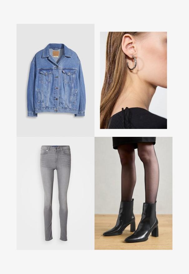 Light blue denim jacket with a shirt collar, button closure, two chest pockets, and side pockets. Distressed texture and branded label visible.; Black tank top made from soft, stretchy fabric. Features a round neckline and wide shoulder straps, with a fitted silhouette and smooth texture.; Gray skinny jeans, denim material, five-pocket design, belt loops, front button closure, and slight fading pattern on legs.; Black leather ankle boots with a pointed toe, chunky square heel, and sleek design. Features elastic side panels for easy wear.; Silver hoop earring with a polished finish, featuring small gold accent details and a round shape, worn on the lobe.