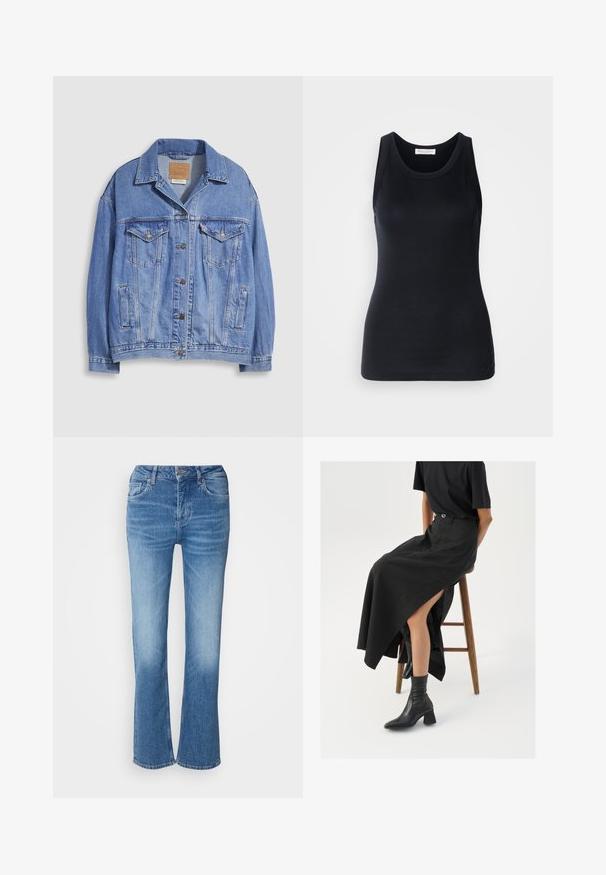Hele sinine teksariidest jakk särgikaelusega, nööpidega, kahepoolsed rinnataskud ja küljetaskud. Kulunud tekstuur ja nähtav brändimärgistus.; Musta tanktop, mis on valmistatud pehmest ja venivast materjalist. Omab ümmargust kaelust ja laiu õlapaelu, ning sellel on voolav siluett ja sile tekstuur.; Heledad teksas pükste reljeefne sinine värv. Omab kõrget vööd, viit taskut ja õmblusdetailide elemente. Pehme tekstuur koos kulunud pesu efektiga.; Must mustriga mustri, kõrge lõhiku ja musta T-särgiga, koos mustade ankle kingadega. Minimalistlik disain, lõtv istuvus.