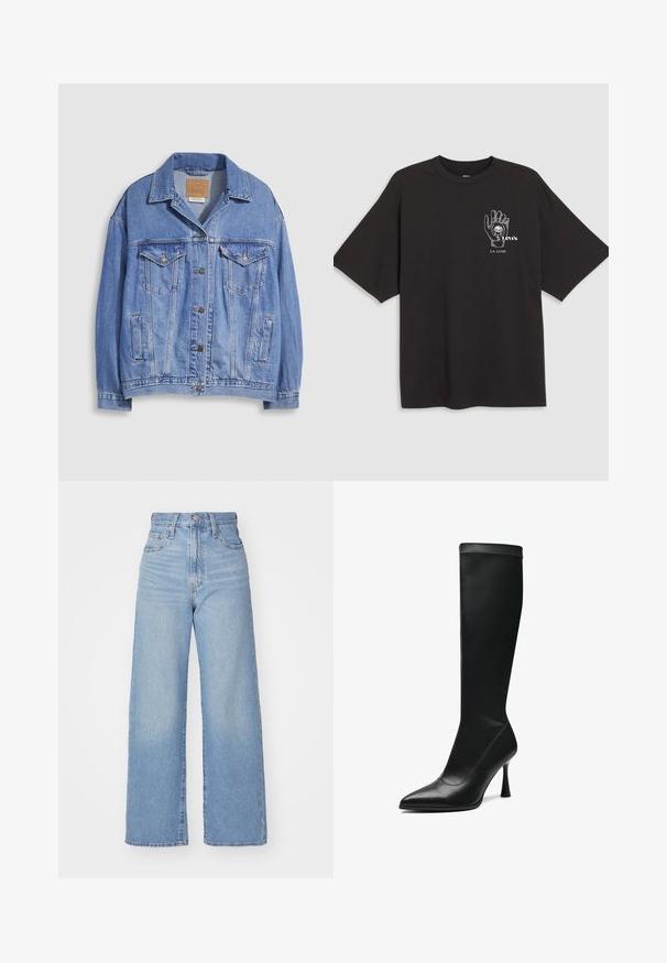 Giacca in denim azzurro chiaro con collo a camicia, chiusura con bottoni, due tasche sul petto e tasche laterali. Texture consumata e etichetta con marchio visibile.; T-shirt in cotone nero con maniche corte, che presenta una grafica a mano e la scritta "Levi's LA LUNE" in bianco nella zona sinistra del petto.; Jeans a vita alta blu chiaro con gamba larga, chiusura frontale con bottone e zip, tasche anteriori e posteriori, su uno sfondo bianco.; Stivale nero fino al ginocchio realizzato in pelle liscia, con punta affilata e tacco a stiletto sottile, con cuciture visibili lungo le cuciture.