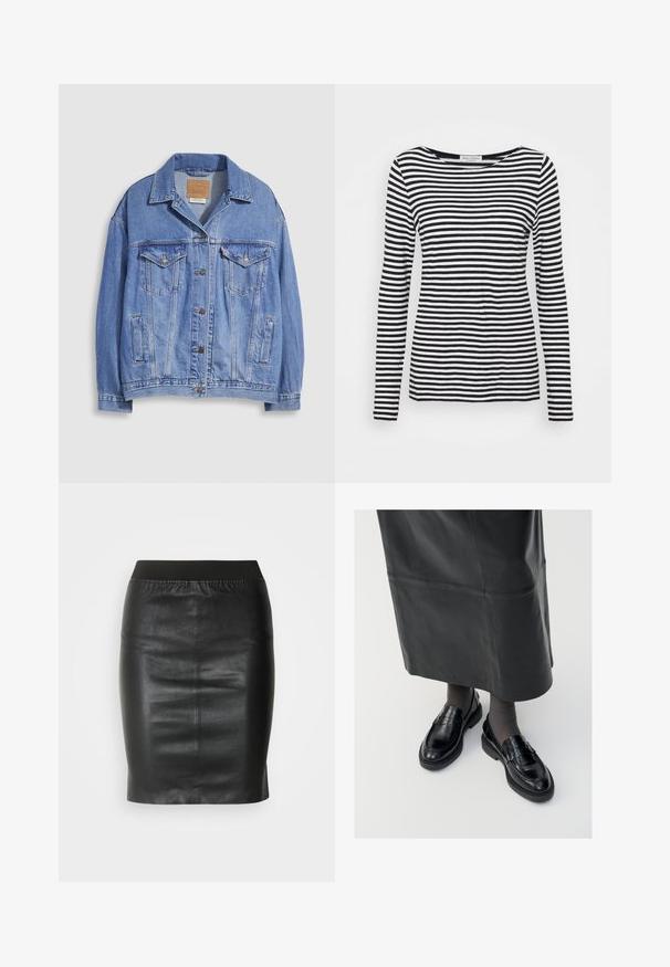 Lyseblå denimjakke med skjortekrage, knappestengning, to brystlommer og sidelommer. Slitt tekstur og synlig merkeetikett.; Langermet, rundhalset skjorte med et svart og hvitt stripete mønster. Laget av myk stoff med normal passform. Ryddig, minimalistisk design.; Svart blyantskjørt laget av glatt lær, med elastisk midjebånd for en tettsittende silhuett og minimalistisk design.; Sorte lær loafers med en glat overflade, der har et dekorativt spænde, rund tå og tekstureret sål. Båret med en lang sort lædernederdel.