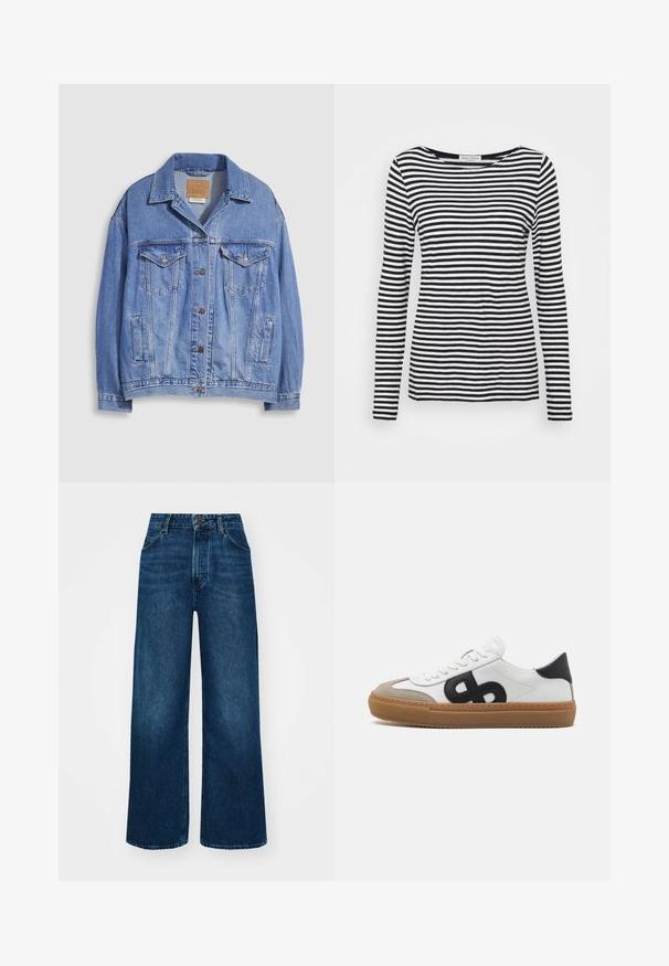 Lichtblauwe spijkerjack met overhemdkraag, knoopsluiting, twee borstzakken en zijzakken. Versleten textuur en zichtbaar merklabel.; Langemouwen, ronde hals T-shirt met een zwart-wit gestreept patroon. Gemaakt van zachte stof met een reguliere pasvorm. Schoon, minimalistisch ontwerp.; Hoge taille, wijde jeans in donkerblauwe denim met een gladde textuur, contraststiksels en een vijf-pocket ontwerp. Sluiting met een knoop aan de voorkant.; Witte leren sneaker met zwart logo, suede accenten en een gumkleurige zool. Voorzien van platte witte veters en een rond toelopend ontwerp.