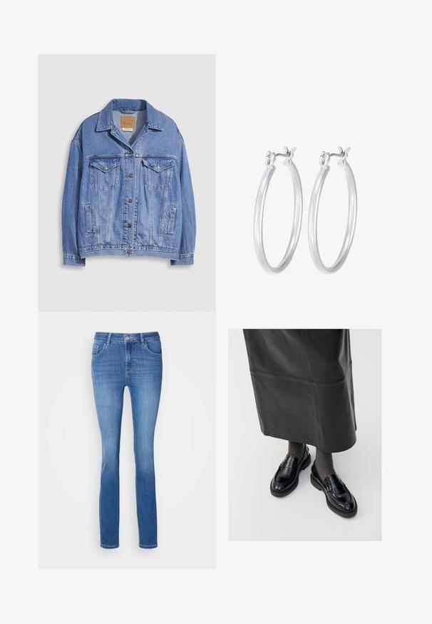 Svijetloplava traper jakna s ovratnikom košulje, kopčanjem na gumbe, dva džepa na prsima i bočnim džepovima. Oštećena tekstura i vidljiva robna marka na etiketi.; Majica s dugim rukavima i okruglim izrezom koja ima crno-bijeli prugasti uzorak. Izrađena je od mekog materijala s regularnim krojem. Čist, minimalistički dizajn.; Plave traperice slim kroja, sa pet džepova i suptilnim ispucalim uzorkom. Izrađene su od mekanog, rastezljivog materijala, s običnim kopčanjem na dugme.; Crne kožne mokasine s glatkom završnom obradom, s dekorativnom trakicom, okruglim vrhom i teksturiranom potplatom. Nosi se s dugom crnom kožnom suknjom.; Srebrne kružne naušnice s glatkom, poliranom površinom. Okrugli oblik i sigurno kopčanje na klik. Lagani dizajn pogodan za svakodnevno nošenje.