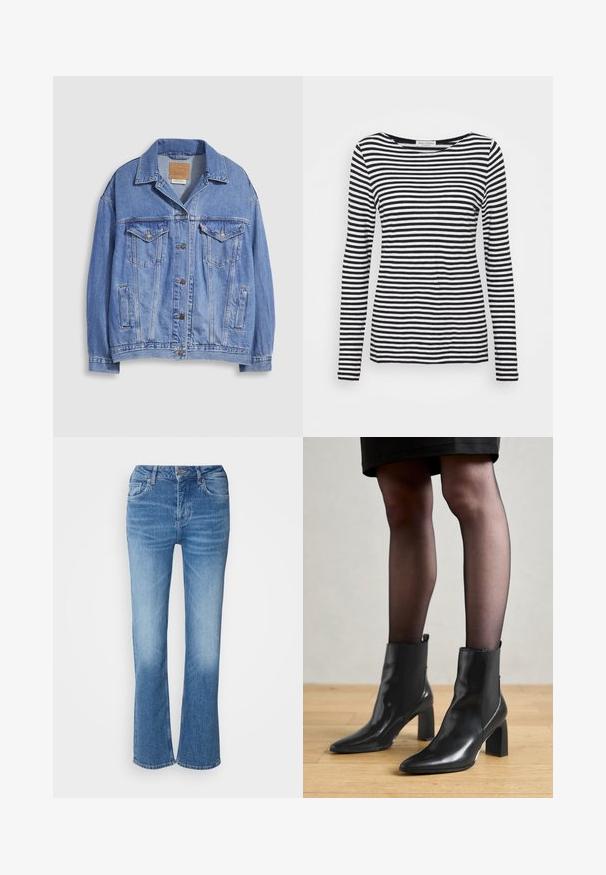 Jachetă din denim albastru deschis cu guler cămașă, închidere cu nasturi, două buzunare la piept și buzunare laterale. Textură uzată și etichetă de marcă vizibilă.; Cămașă cu mânecă lungă și decolteu rotund, având un model în dungi alb-negru. Fabricată dintr-un material moale, cu o croială normală. Design curat și minimalist.; Jeanși evazați din denim într-o nuanță de albastru deschis. Prezintă talie înaltă, cinci buzunare și detalii de cusătură. Textură moale cu un efect de spălare decolorată.; Botine negre din piele, cu vârful ascuțit, toc pătrat masiv și un design elegant. Au panouri laterale elastice pentru o îmbrăcare ușoară.