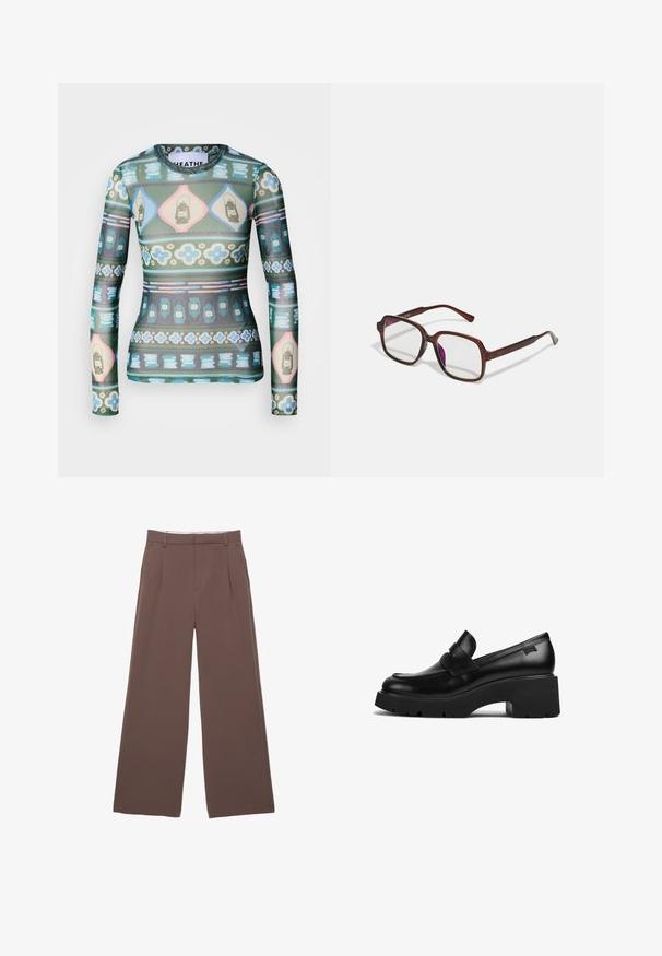 Light blue denim jacket with a shirt collar, button closure, two chest pockets, and side pockets. Distressed texture and branded label visible.; Long-sleeve top in sheer fabric featuring a colorful pattern of lanterns, flowers, and geometric shapes in shades of green, pink, and blue.; Wide-leg trousers in a solid brown fabric, featuring a smooth texture, front pleats, and a tailored waistband. No visible logos or patterns.; Black leather chunky-heeled loafer with thick sole and a strap detail across the top, shown from the side on a white background.; Brown, rectangular eyeglasses with transparent lenses and purple tints. Smooth plastic frame with straight temples and subtle accents.