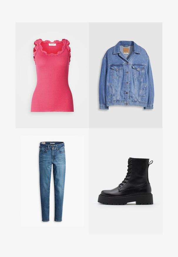 Hele sinine teksariidest jakk särgikaelusega, nööpidega, kahepoolsed rinnataskud ja küljetaskud. Kulunud tekstuur ja nähtav brändimärgistus.; Rosemunde BABETTE U NECK - Topp - pink berry; Kõrge vöökohaga kitsad teksad helesinisest denimist. Omab viit taskut, ees klõpsuga sulgemist ja klassikalist tikandit kogu ulatuses.; Mustad mustad nahast pahkluu saapad ümarate varvastega, nööridega esiosas ja paksu kummist talla ning tekstuuritud mustriga. Tagumine tõmbeaas.