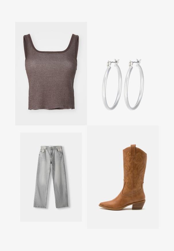 Světlá modrá džínová bunda s košilovým límečkem, zapínáním na knoflíky, dvěma náprsními kapsami a bočními kapsami. Viditelná opotřebovaná textura a značená štítek.; Hnědý žebrovaný top na ramínka se čtvercovým výstřihem a širokými popruhy; texturovaná tkanina se rovnými lemy, která poskytuje přiléhavý siluetu.; Světle šedé džíny z denimu se střihy rovného nohavice, které mají dvě přední kapsy, zapínání na knoflík a jemné vyblednutí pro texturu.; Hnědé kožené kovbojské boty s špičatou špičkou, vyšívanými spirálovými vzory na štítech a s blokovým podpatkem. Obsahují poutko pro snadné obouvání.; Stříbrné kruhové náušnice s hladkým, lesklým povrchem. Kulatý tvar a bezpečné zapínání na klip. Lehký design vhodný pro každodenní nošení.