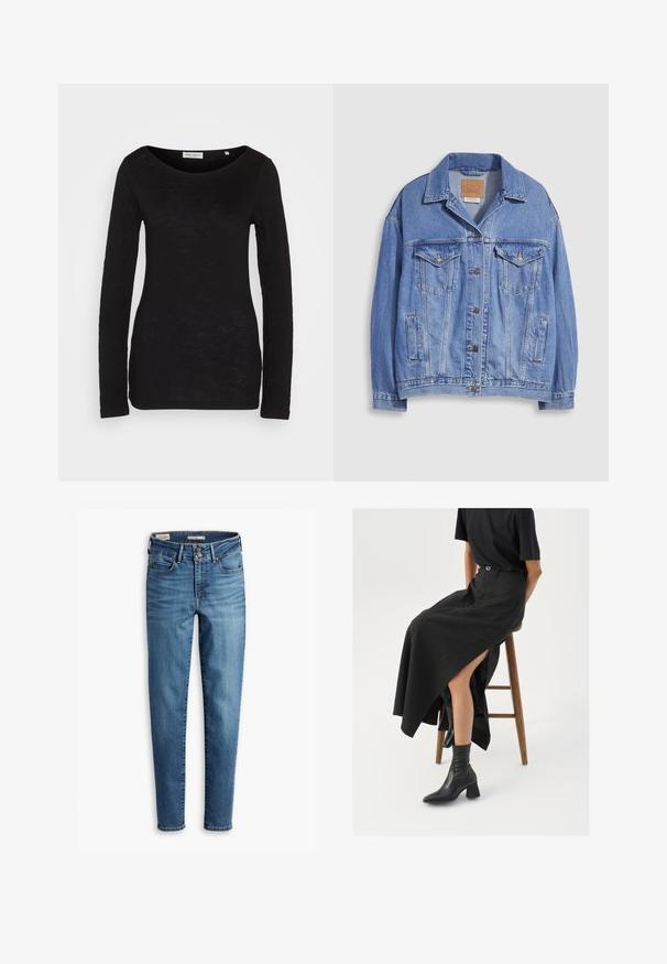 Hele sinine teksariidest jakk särgikaelusega, nööpidega, kahepoolsed rinnataskud ja küljetaskud. Kulunud tekstuur ja nähtav brändimärgistus.; Mustaga pikka varrukaga topp, millel on lai ümar kaelus, valmistatud tekstureeritud kangast. Omab istuvaid varrukaid ja kitsast siluetti.; Kõrge vöökohaga kitsad teksad helesinisest denimist. Omab viit taskut, ees klõpsuga sulgemist ja klassikalist tikandit kogu ulatuses.; Must mustriga mustri, kõrge lõhiku ja musta T-särgiga, koos mustade ankle kingadega. Minimalistlik disain, lõtv istuvus.