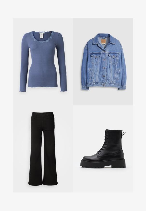 Lichtblauwe spijkerjack met overhemdkraag, knoopsluiting, twee borstzakken en zijzakken. Versleten textuur en zichtbaar merklabel.; Rosemunde BABETTE U NECK - Longsleeve - true navy; Zwarte wijde denim broek met voorzakken, een knoopsluiting en een gladde textuur met een nette afwerking.; Zwarte leren enkelboots met een ronde neus, vetersluiting aan de voorkant en een dikke rubberen zool met een gestructureerd profiel. Trekbandje aan de achterkant.