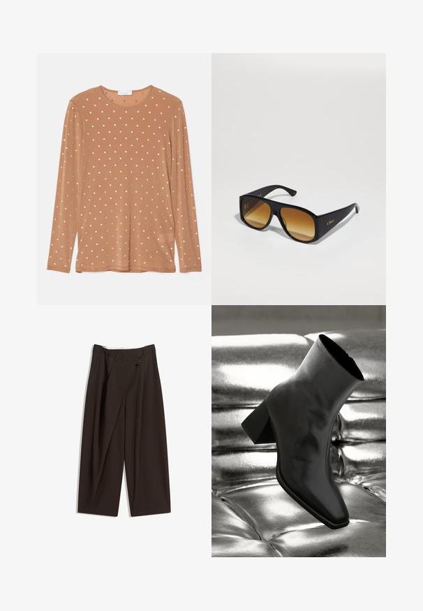 Vaaleansininen farkkutakki, jossa paitakaulus, napillinen suljenta, kaksi rintataskua ja sivutaskut. Kulutuspintainen materiaali ja näkyvissä oleva merkkilappu.; Pitkähihaista ruskeaa puseroa, jossa on pyöreä kaula-aukko, koristeltuna hopeisilla pyöreillä paljeteilla, jotka on aseteltu pilkkujen kuvioiksi.; Tummanruskeat leveälahkeiset housut, joissa on korkea vyötärö, yhden napin sulkea ja pleatattu etuosa. Valmistettu kevyestä kankaasta.; Musta nilkkuri, joka on valmistettu kiiltävästä materiaalista, jossa on neliömäinen kärki ja kapeahko kanta, asetettuna kiiltävän hopean tuftatun taustan eteen.; Mustat suorakulmaiset aurinkolasit ruskeilla liukuvärjätyillä linsseillä. Valmistettu muovista, jossa on sileä pinta ja hillitty kultainen logo sankassa.