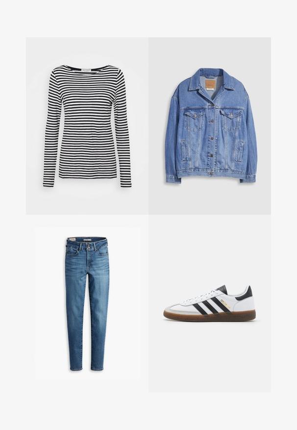 Jachetă din denim albastru deschis cu guler cămașă, închidere cu nasturi, două buzunare la piept și buzunare laterale. Textură uzată și etichetă de marcă vizibilă.; Cămașă cu mânecă lungă și decolteu rotund, având un model în dungi alb-negru. Fabricată dintr-un material moale, cu o croială normală. Design curat și minimalist.; Jeans skinny cu talie înaltă din denim de culoare albastră deschisă. Prezintă cinci buzunare, închidere frontală cu nasture și detalii clasice de cusătură pe tot parcursul.; Tenisi din piele albă cu accente din suede negru, trei dungi negre, talpă din cauciuc bej și branding auriu "SPEZIAL" pe lateral.