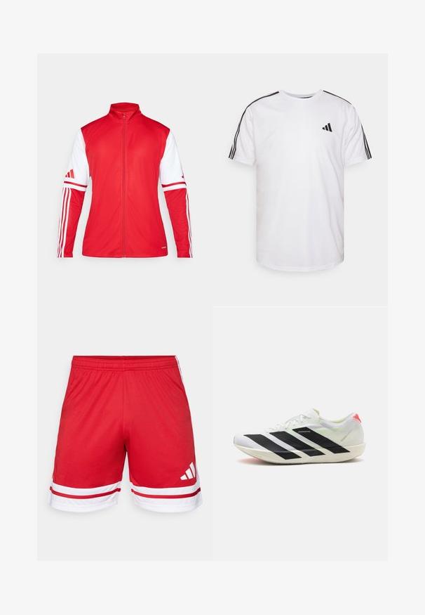 Piros sportos dzseki magas gallérral, teljes cipzárral és fehér ujjakhoz. Mindkét ujján három függőleges csík található, és texturált felülettel rendelkezik.; Fehér pamut póló, kerek nyakkivágással, rövid ujjakkal, fekete három csíkos díszítéssel a vállakon; egy kis fekete logóval rendelkezik.; Vörös sportnadrág sima anyagból, fehér díszcsíkkal az alján és három fehér csíkkal az oldalán.; Fehér sportcipő fekete átlós csíkokkal, könnyű hálós anyaggal, zöld kiemelésekkel és piros saroktáblával; elegáns, megnyúlt dizájnnal rendelkezik.