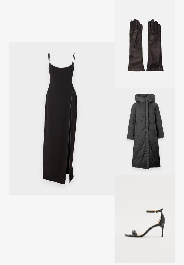 Melna kviltsēta garā jaka ar kapuci, ar pogām, aukliņu viduklī un gludu tekstūru. Rakstaina virsma ar maigu spīdumu.; Melnā garā kleita ar plānām siksniņām, apaļu dekoltē un sānu šķēlumu. Izgatavota no gludas auduma ar minimālistisku dizainu un bez redzamām rakstām.; Melnas ādas augstpapēžu sandales ar potītes siksniņu. Iezīmes gluda tekstūra, atvērta purngala un plāna papēža. Zelta krāsas sprādzes detaļa.; Weekend Max Mara SENAPE - Cimdi - nero