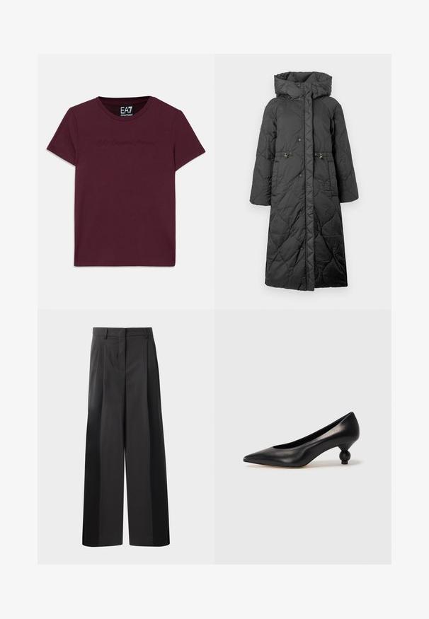 Palton lung pufos negru cu glugă, cu închidere prin capse, talie ajustabilă cu șnur și o textură netedă. Suprafață cu un model subtil și un luciu discret.; Tricou din bumbac burgund cu mâneci scurte, guler rotund și logo-ul brodat EA7 Emporio Armani pe față. Croi clasic.; Pantaloni negri cu talie înaltă, cu picioare largi, având pliseuri frontale, o textură netedă și un finisaj croit. Concepuți pentru o croială relaxată.; Pantofii cu toc înalt din piele neagră, cu vârf ascuțit și toc rotund, mimos. Textură netedă, cu un design elegant și minimalist.