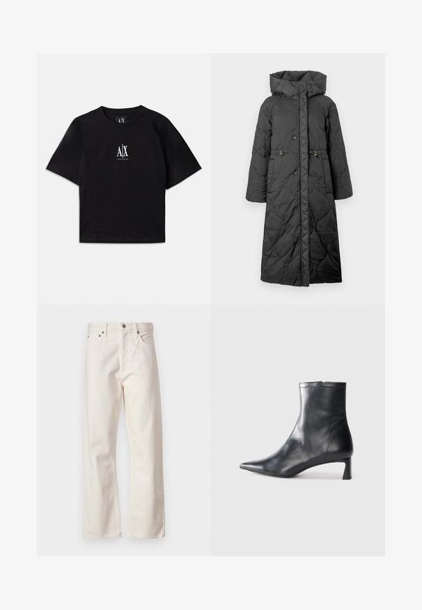 Abrigo largo acolchado negro con capucha, que presenta cierres a presión, cintura con cordón y una textura suave. Superficie con patrón y un brillo sutil.; Camiseta de algodón negro con mangas cortas y cuello redondo. Presenta un logo blanco centrado en el pecho. Diseño simple y minimalista.; Pantalones vaqueros blancos de corte recto, con un diseño clásico de cinco bolsillos, cierre de botón de metal y una textura sutil.; Botín de cuero negro hasta el tobillo con punta afilada y un diseño elegante. Presenta un tacón bajo y un cierre con cremallera en la parte trasera. Textura suave.